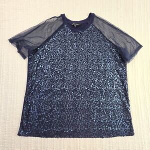 Capsule Navy Sequin Sheer Mesh Raglan Blouse Plus Size 20W 22W Evening Glam EUC
